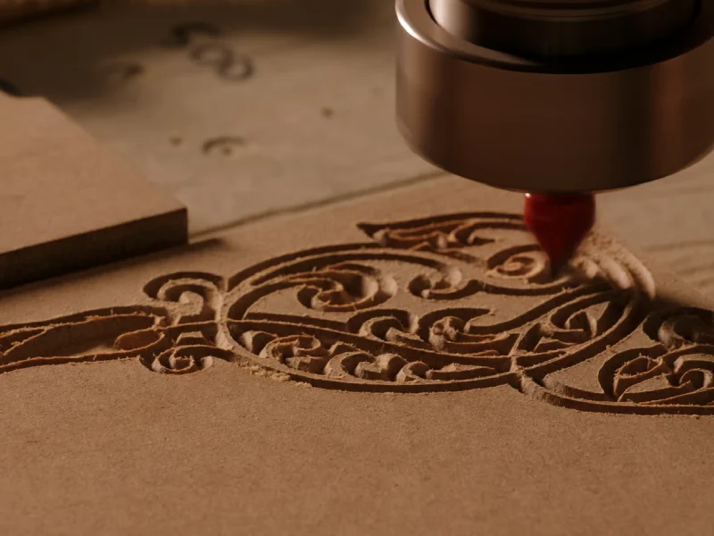 Carving geometric pattern on wooden sheet with small drill at woodwork factory, macro view.