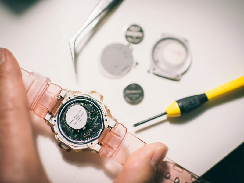 Watch Repair Process with Small Screwdriver and Tweezers