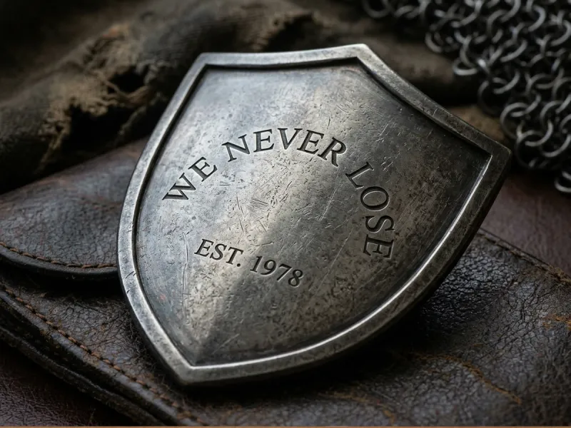 a Shield Engraved with the text "We Never Lose"